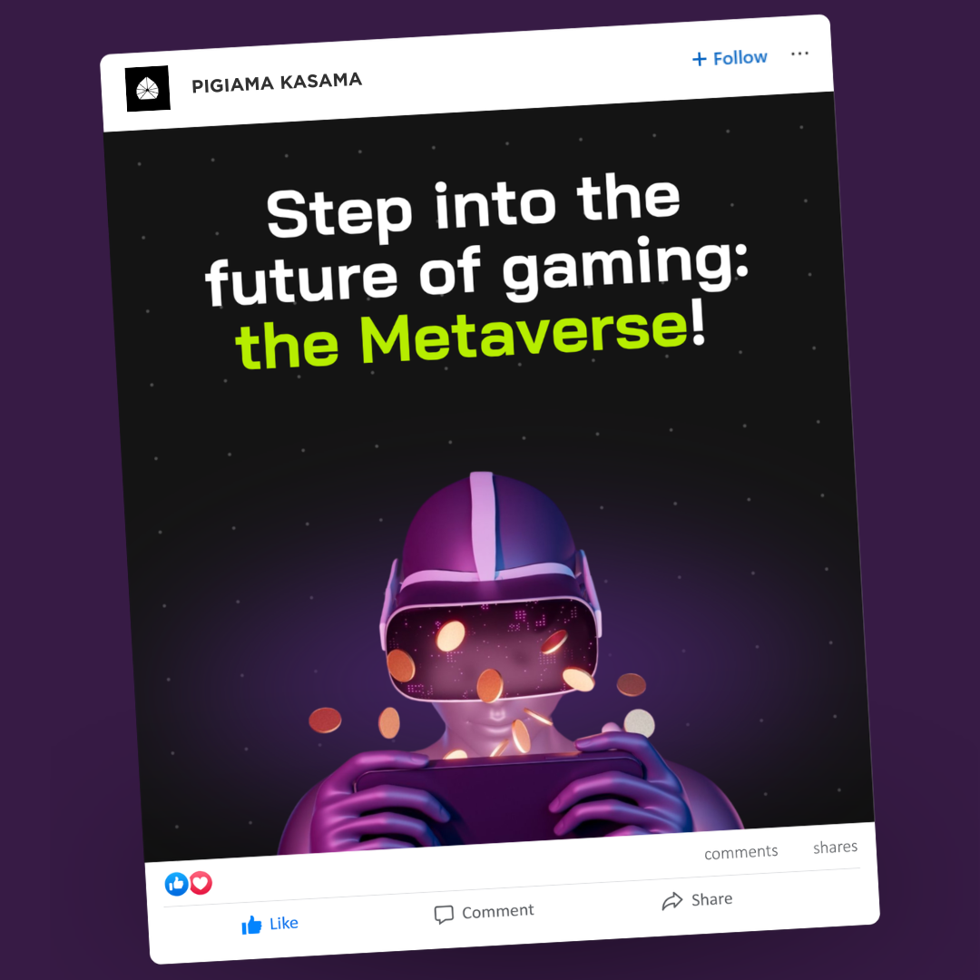 Post LinkedIn con scritta “Step into the future of gaming: the Metaverse” e figura con visore VR.