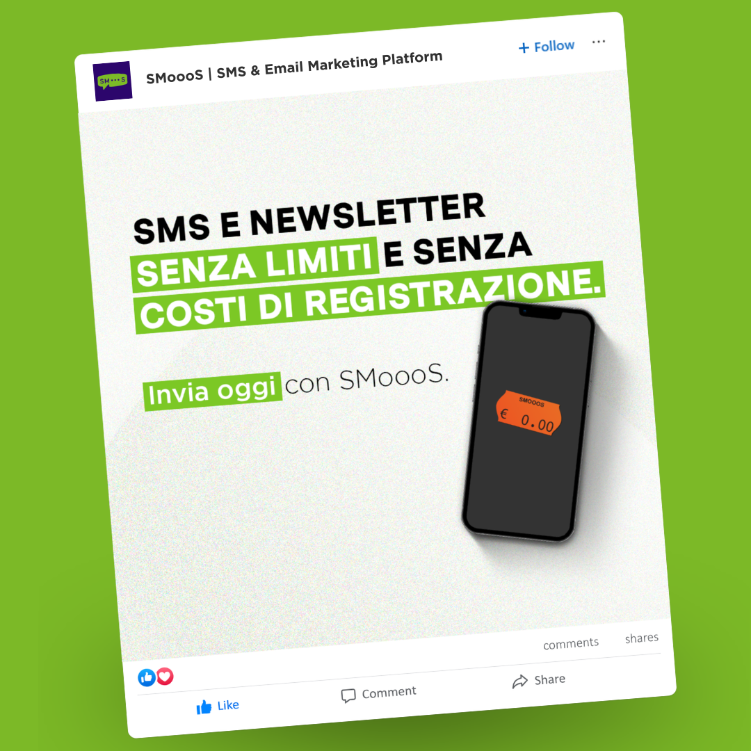 Post LinkedIn di Smooos con messaggio su SMS e newsletter senza limiti e senza costi di registrazione.